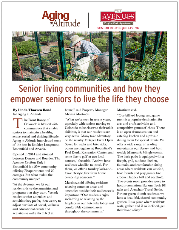 The Avenues Crofton Park Featured in Aging at Altitude’s 2024 Spring Issue